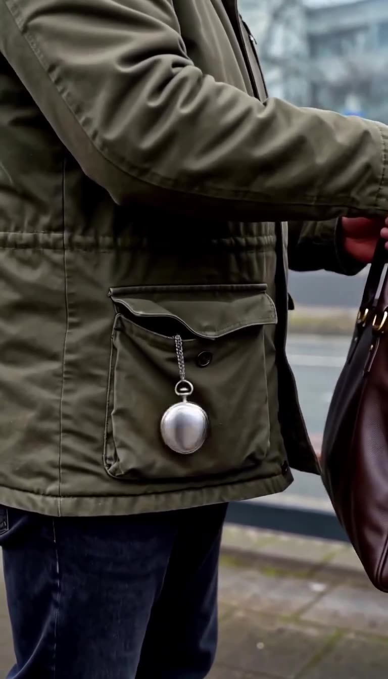 Eine silberne Taschenuhr rutscht an einer Kette aus der Tasche von Stefans Feldjacke