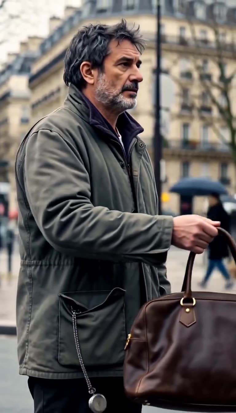Julien rises from the pavement holding the leather bag as a vintage pocket watch dangles from his jacket.