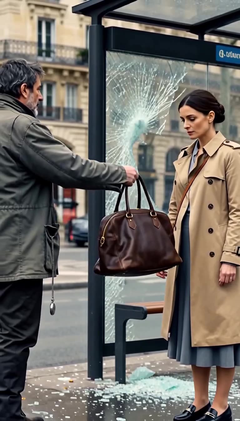 Julien returns the leather handbag to Camille beside the shattered bus stop window.