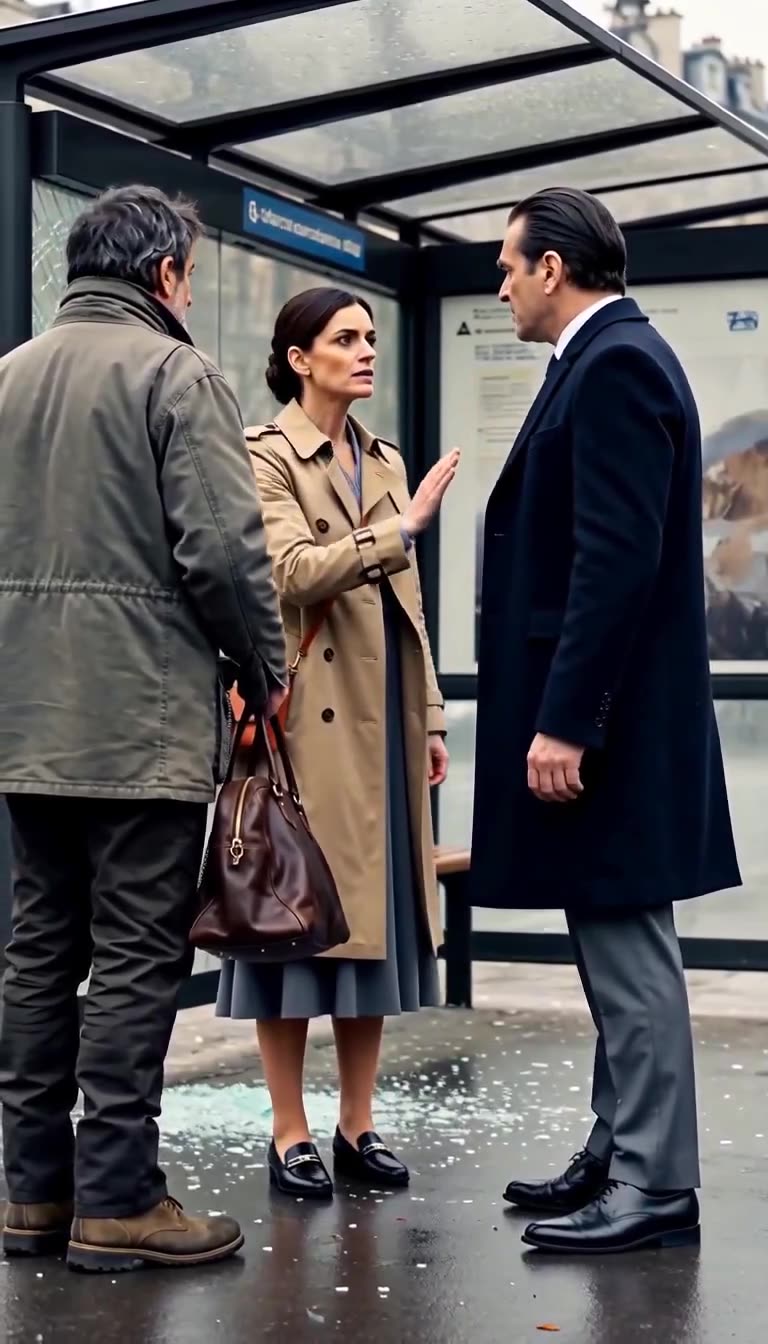 Camille sternly raises her hand to silence Alexandre in front of Julien at the bus stop