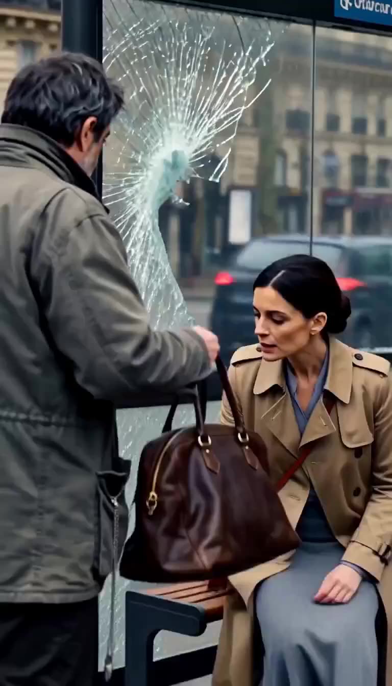 A stunned woman in a trench coat seated beneath a violently shattered bus stop panel