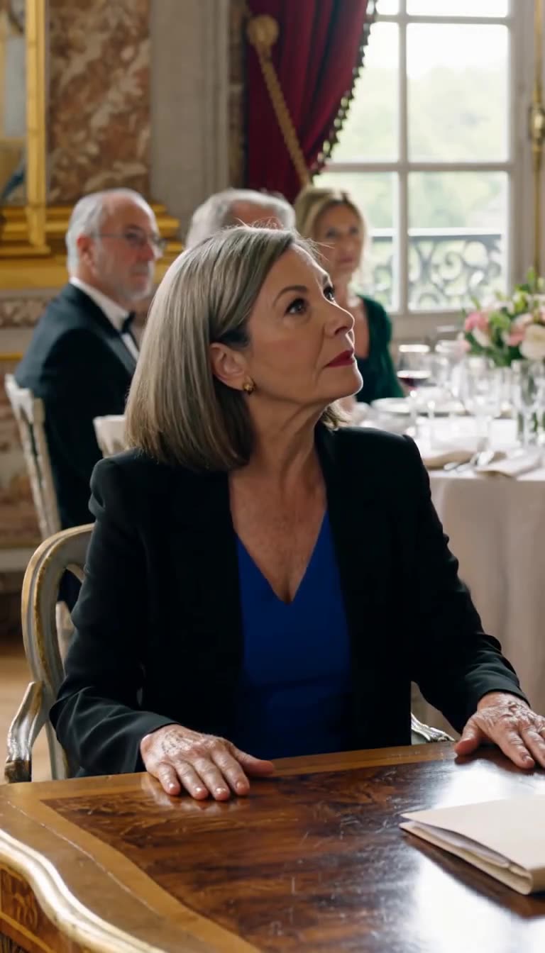 Hélène rests her hands calmly on the table and looks up at Julien in defiance.