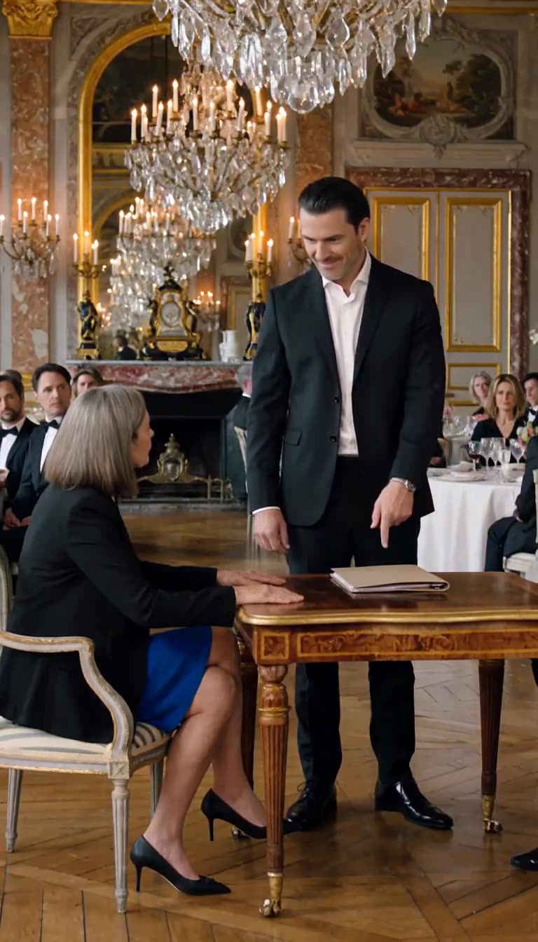 Julien sneers while pointing down at the unsigned legal folder before Hélène.