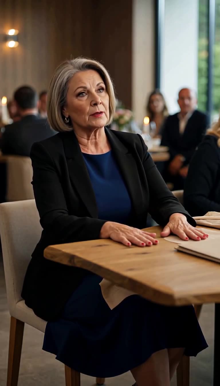 Renate blickt Julian unnachgiebig an und legt beide Hände flach auf das Holz.