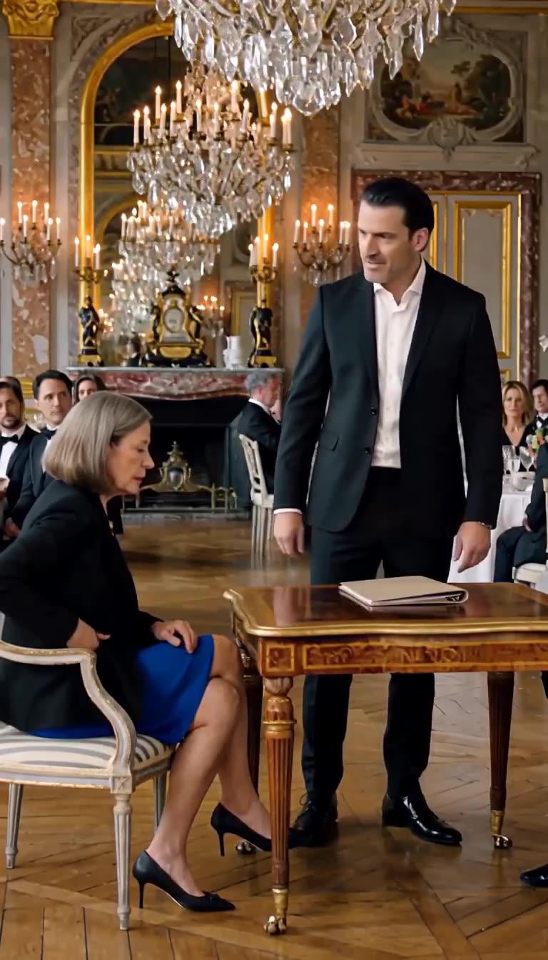 Julien slaps the documents onto the table as Hélène discreetly reaches into her blazer pocket.
