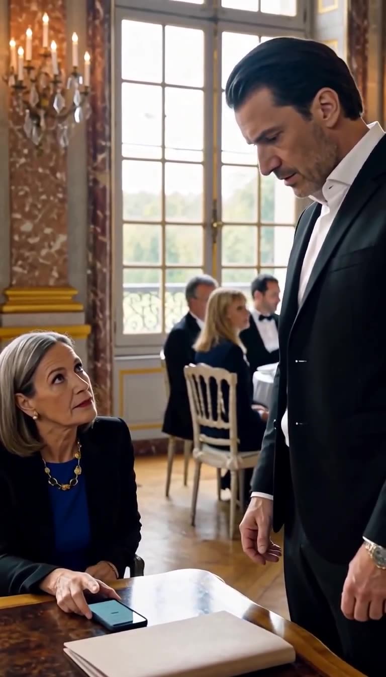 Hélène addresses Julien directly as an active call glows on the phone beside a tan dossier.