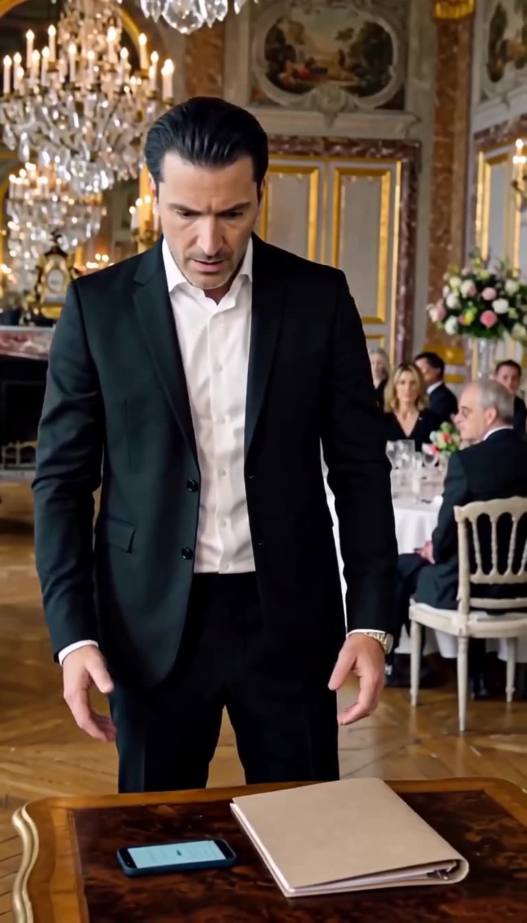 Julien looks down at the table in shock with open hands and a dropped jaw.