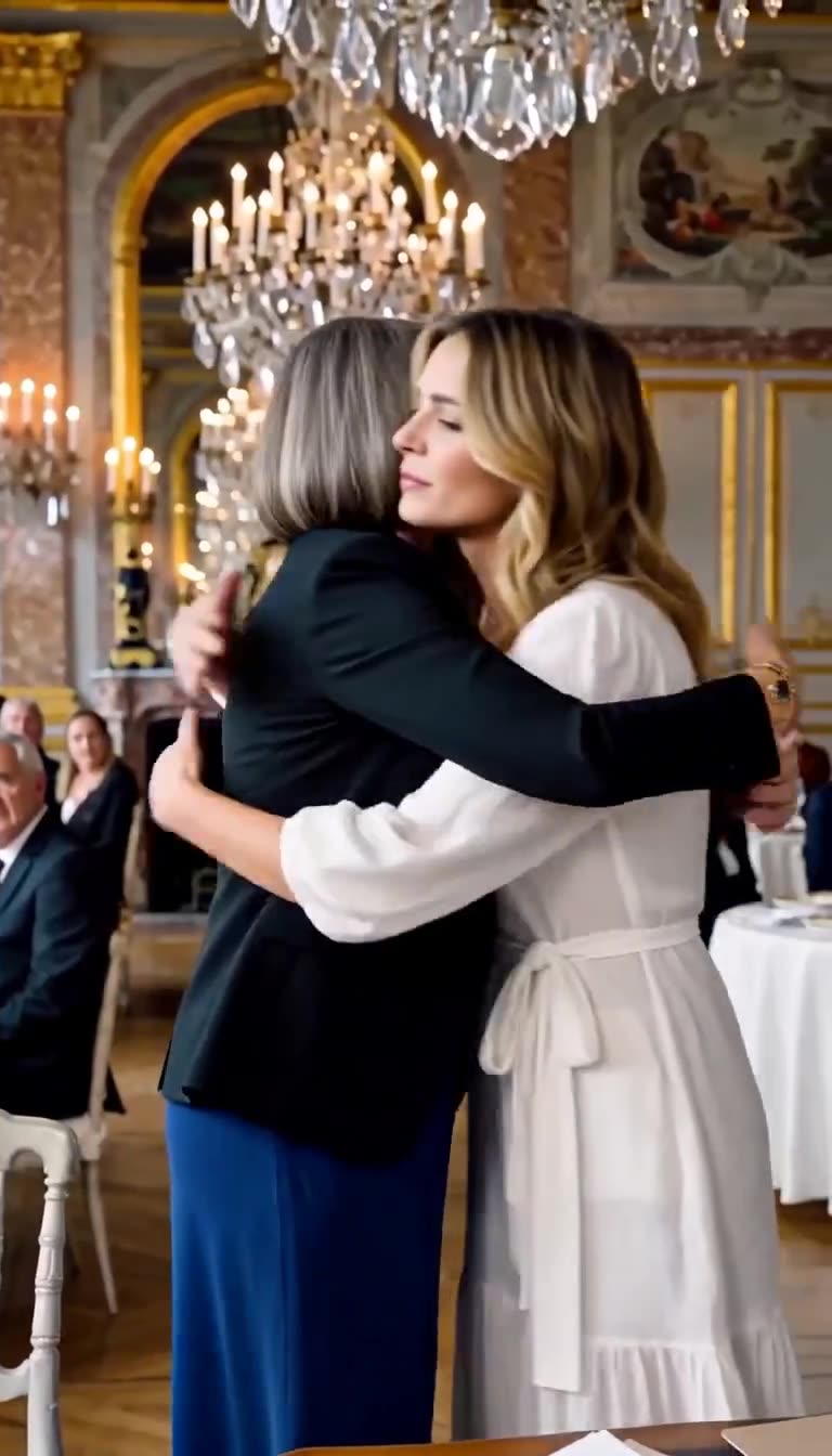 Hélène and Camille embracing tightly in relief inside the château ballroom