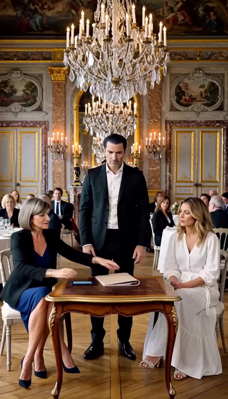 The mother-in-law slides an incriminating dossier onto the table as the bride sits stunned beside the groom.