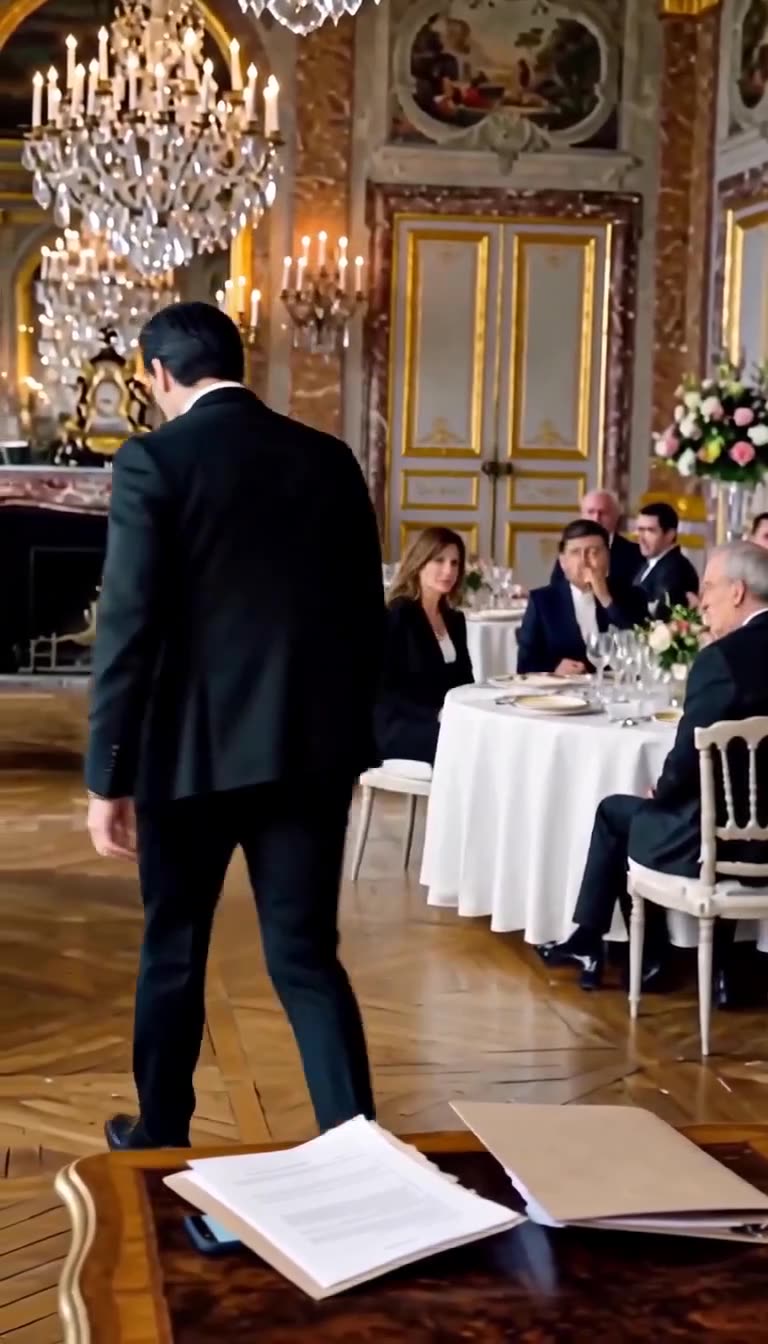 The disgraced groom walks away from the wedding table in defeat as high-society guests stare in disbelief.