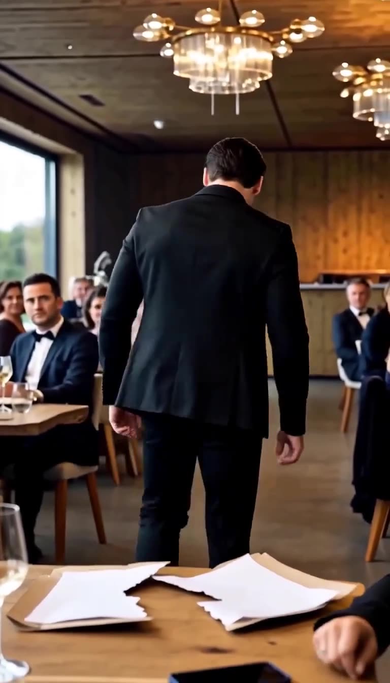 Der gescheiterte Erpresser verlässt mit gesenktem Kopf den Festsaal, während zerrissene Dokumente auf dem Tisch liegen.