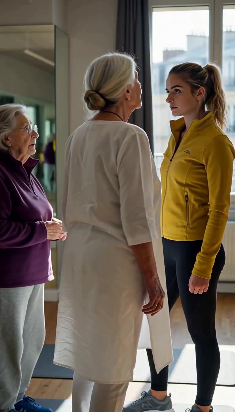 A silver-haired woman in a white tunic steps firmly between the influencer and the intimidated senior.