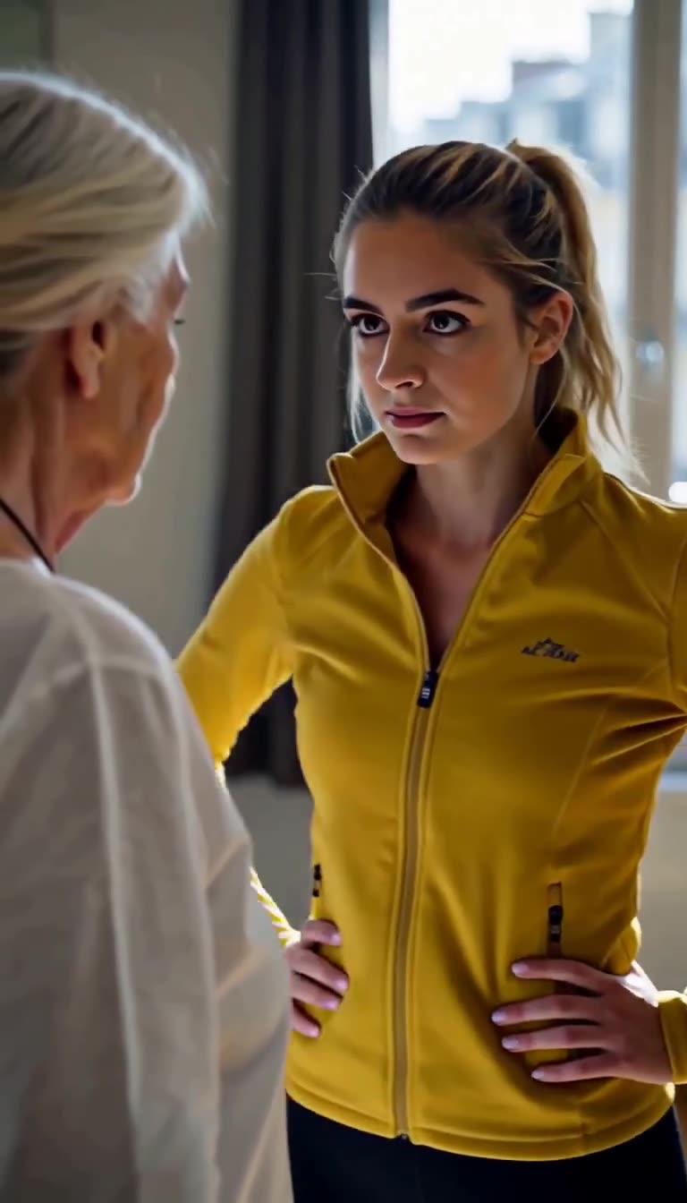Chloé in a yellow track jacket glaring forward with hands on her hips in a Parisian workout studio