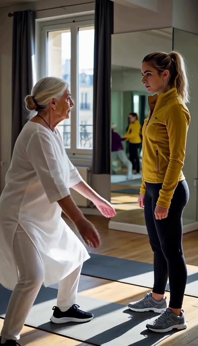 Françoise sinking into a rooted martial arts stance facing a stunned Chloé across the studio floor