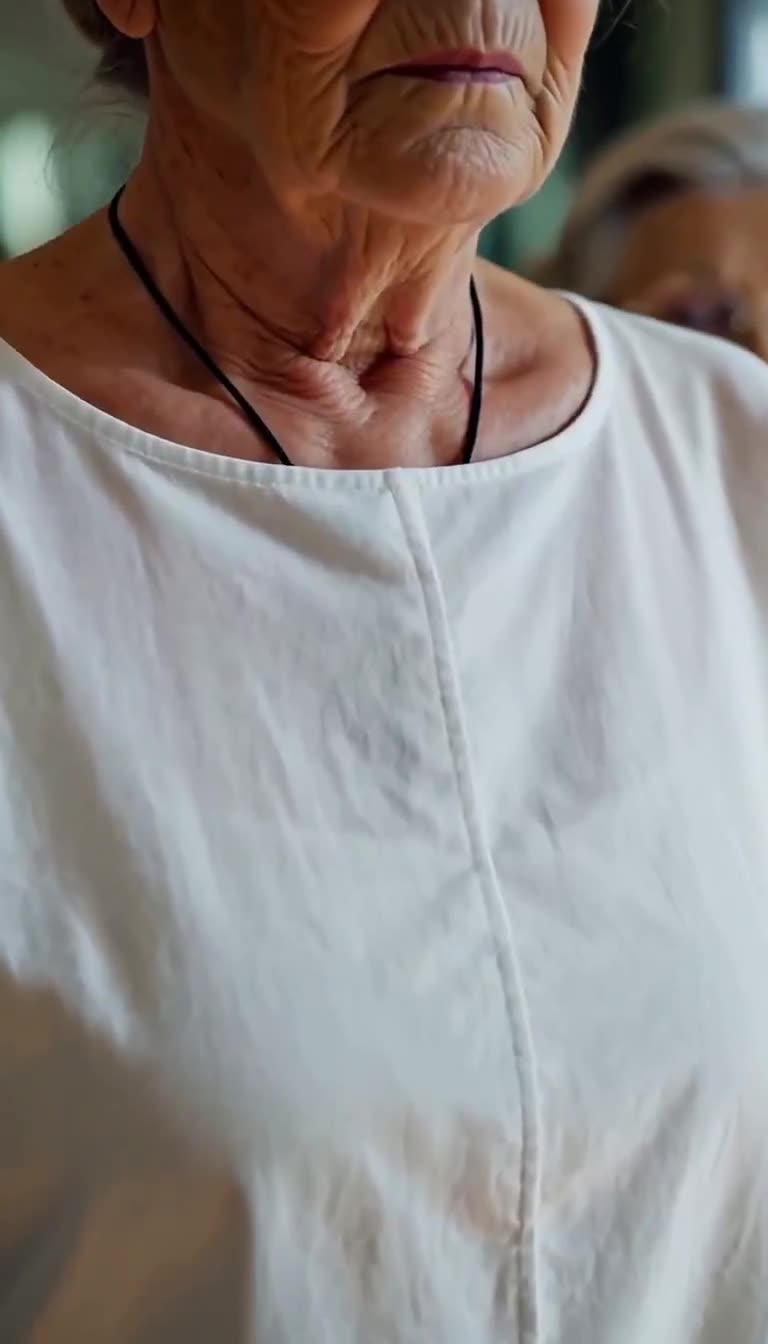Close-up of the calm, stoic elderly woman wearing a white traditional tunic