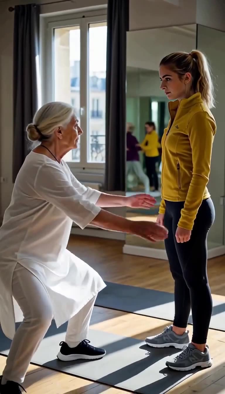 Elderly Tai Chi master dropping into a low martial arts stance before the influencer