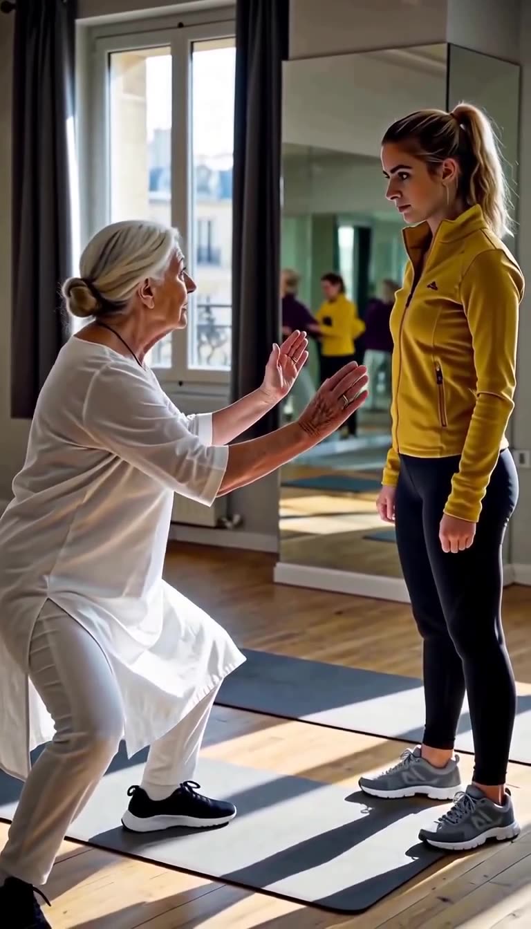 Françoise raises her open palms in defense, confronting Chloé calmly while a spectator watches from the side.