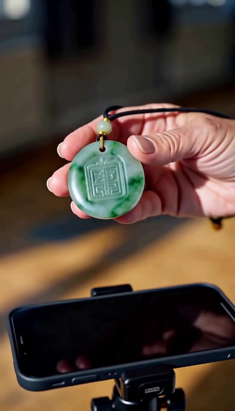 Françoise displays an intricate green jade disc pendant directly to a smartphone mounted on a tripod.