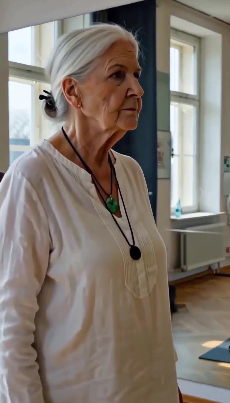 Eine weißhaarige Tai-Chi-Meisterin in traditionellem weißen Gewand beobachtet das Geschehen aufmerksam.