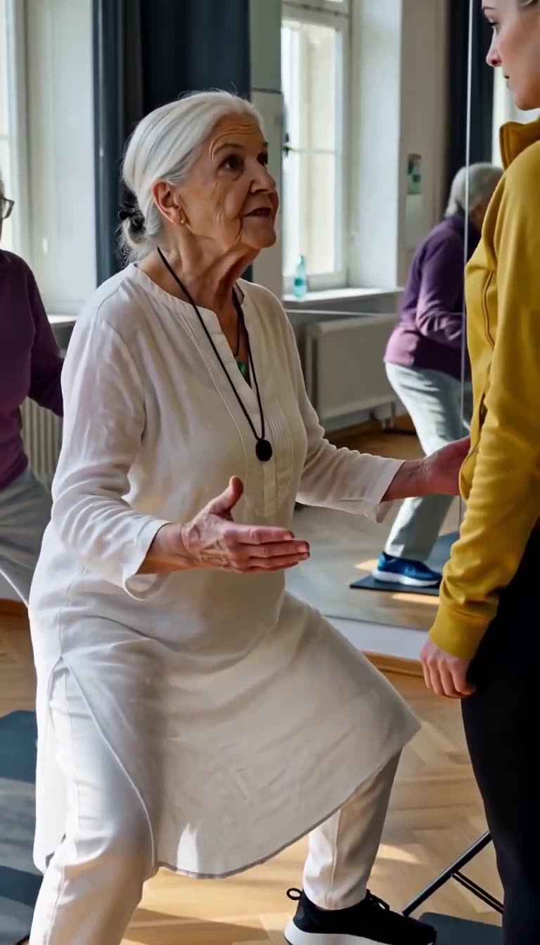 Die Tai-Chi-Großmeisterin geht vor der Influencerin in eine tiefe Kampfstellung.
