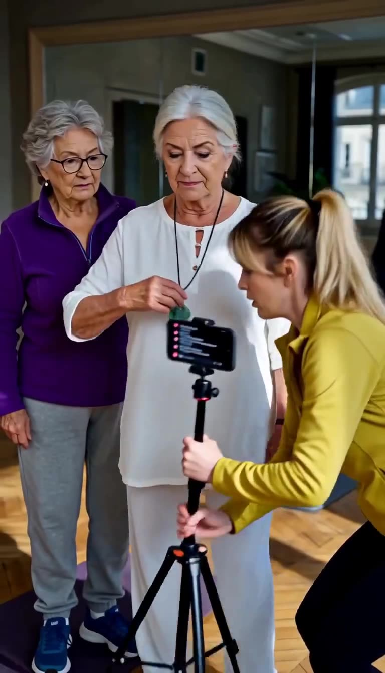 Chloé quickly dismantles her camera tripod to flee the studio while Françoise and Monique look on calmly
