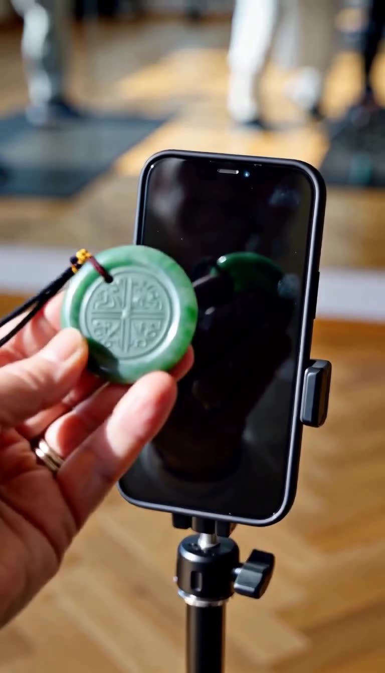 Eine Hand hält das grüne Jadesiegel direkt vor die Linse eines montierten Smartphones