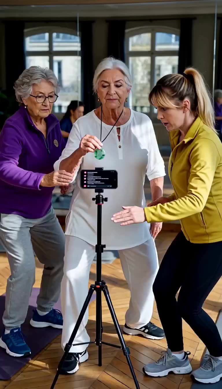 Senior practitioner displays a jade medallion beside a tripod-mounted phone as the influencer backs away.
