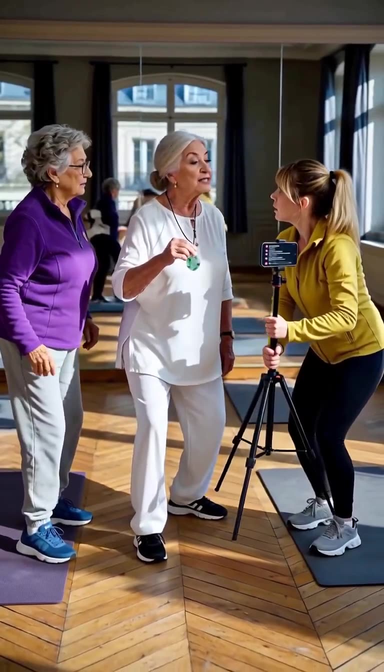 Young content creator grips her camera tripod while arguing with two seniors in the sunlit Parisian studio.