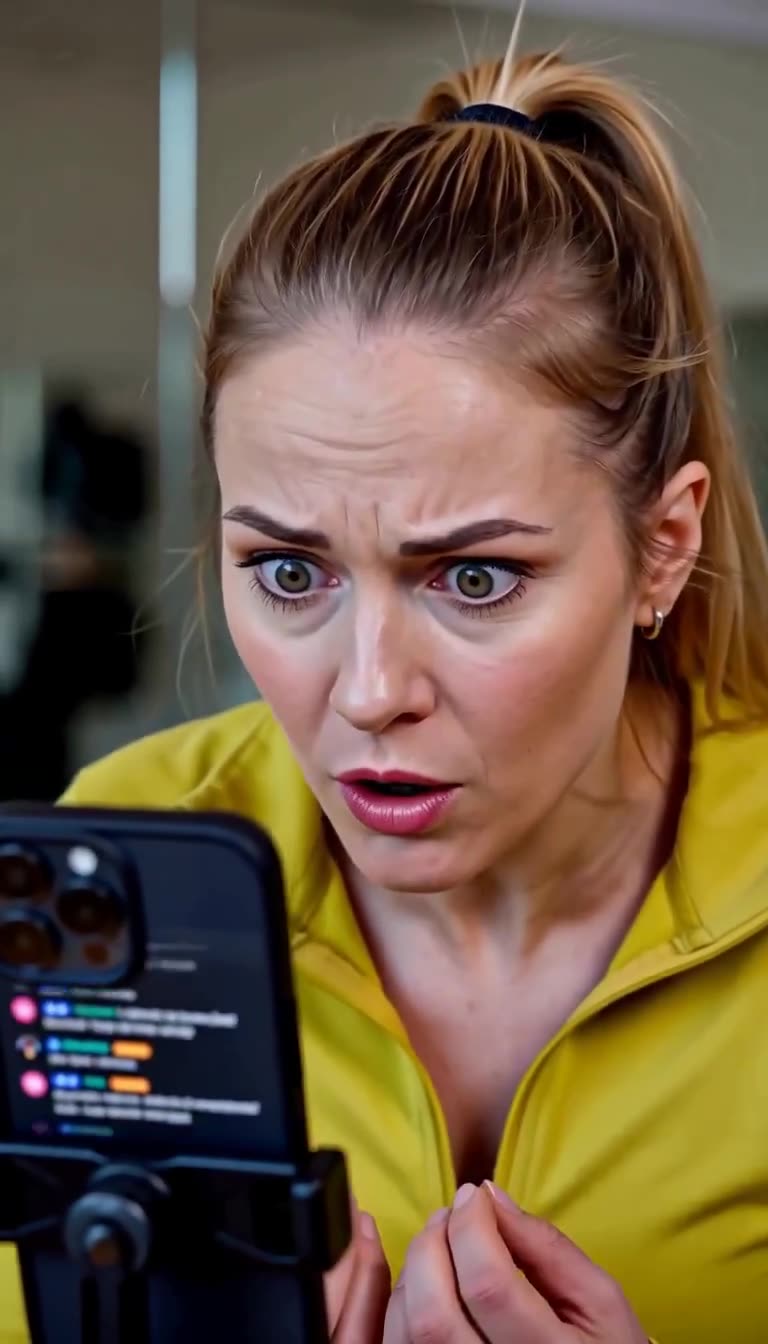 Laura blickt fassungslos und mit weit aufgerissenen Augen auf die aufpoppenden Kommentare im Display.
