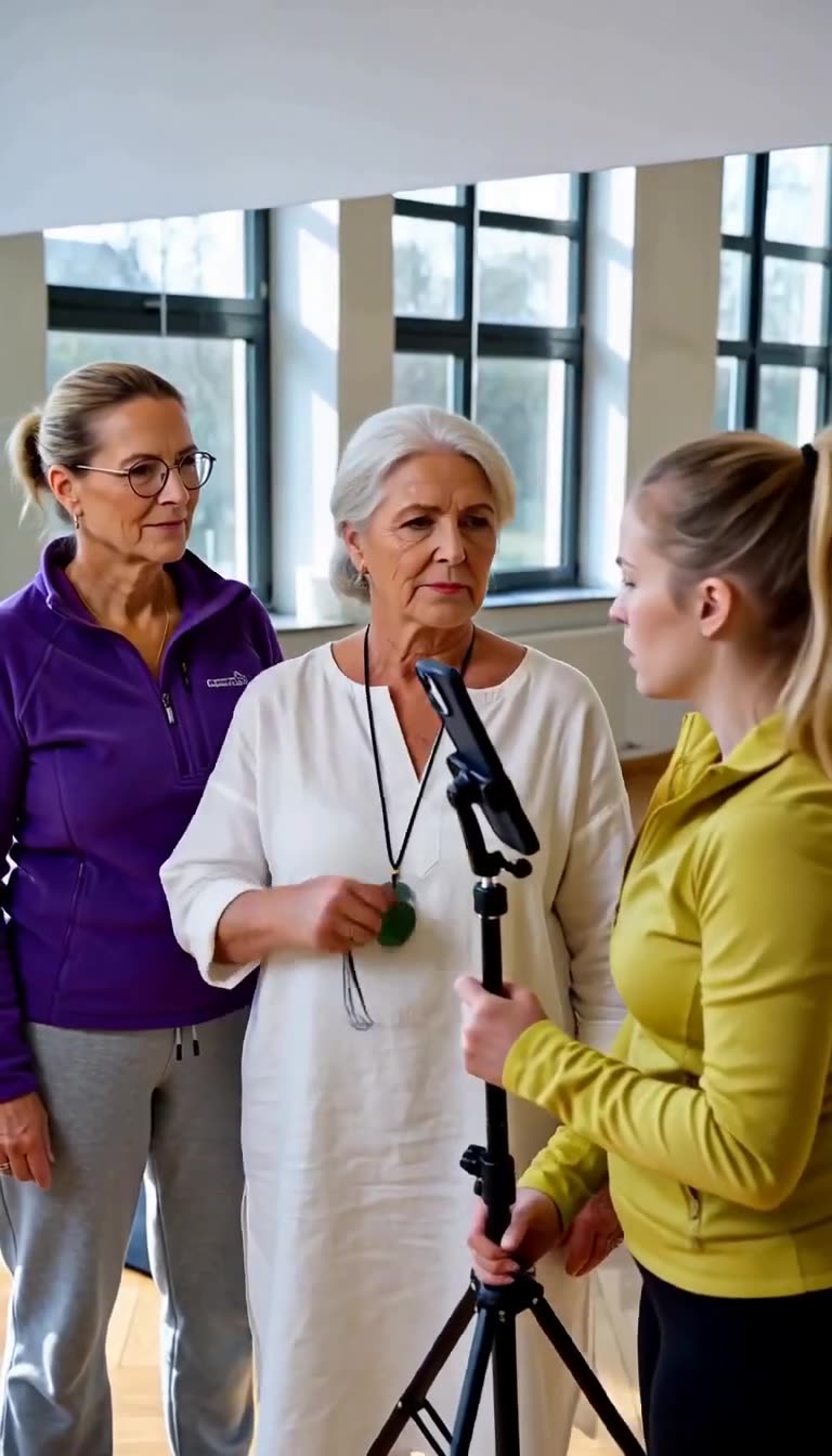 Laura greift geschockt nach ihrem Stativ, während Ingrid und Ursula sie gelassen mustern.