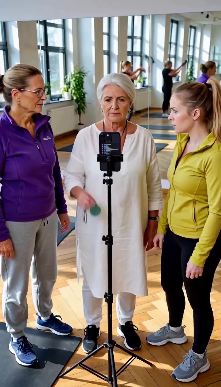 Drei Frauen stehen vor einem Smartphone-Stativ, während die Seniorin ein grünes Jadeamulett präsentiert