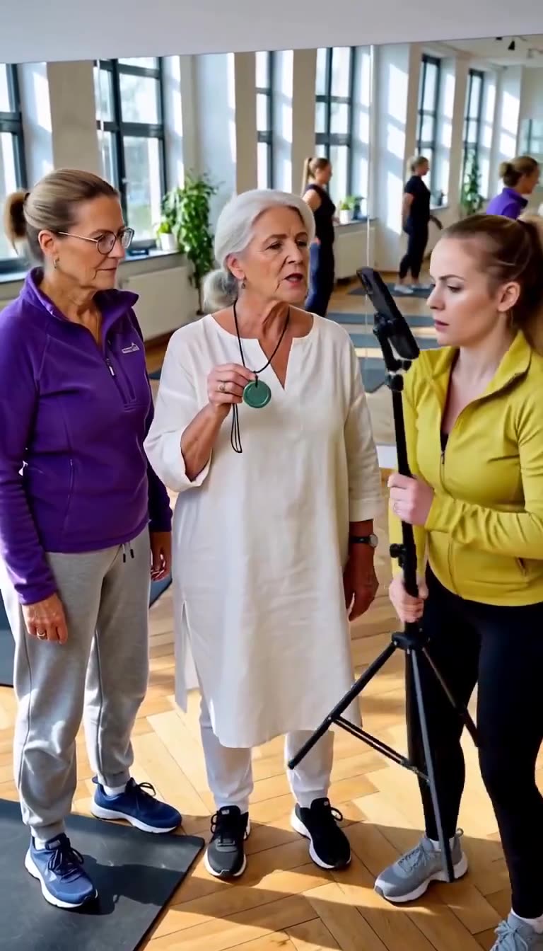 Die Seniorin hält ihr Medaillon direkt vor die Handykamera, während die Influencerin verunsichert ihr Stativ festhält