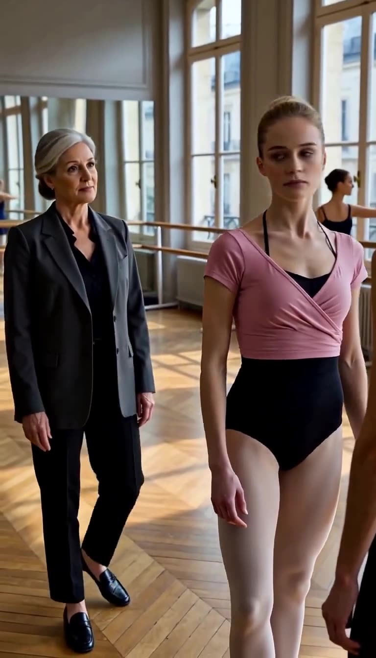Artistic director Éléonore enters the Parisian dance studio in a charcoal blazer as Camille faces forward.
