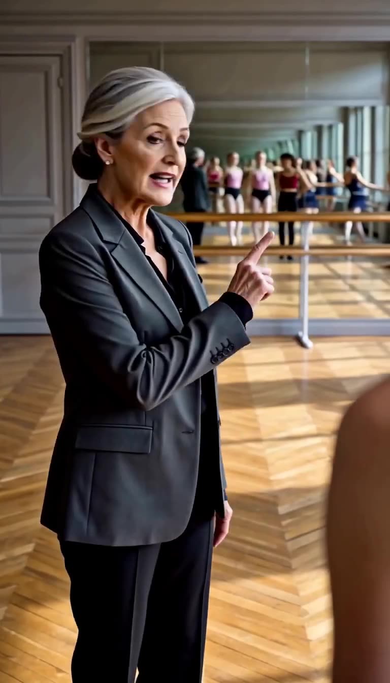 Éléonore raises a stern finger toward the door, ordering the saboteur to leave the studio immediately.