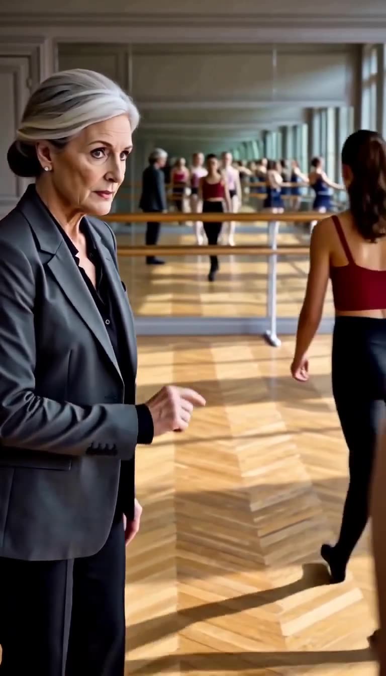 A stern ballet director in a tailored suit decisively points toward the exit to dismiss a competitor.