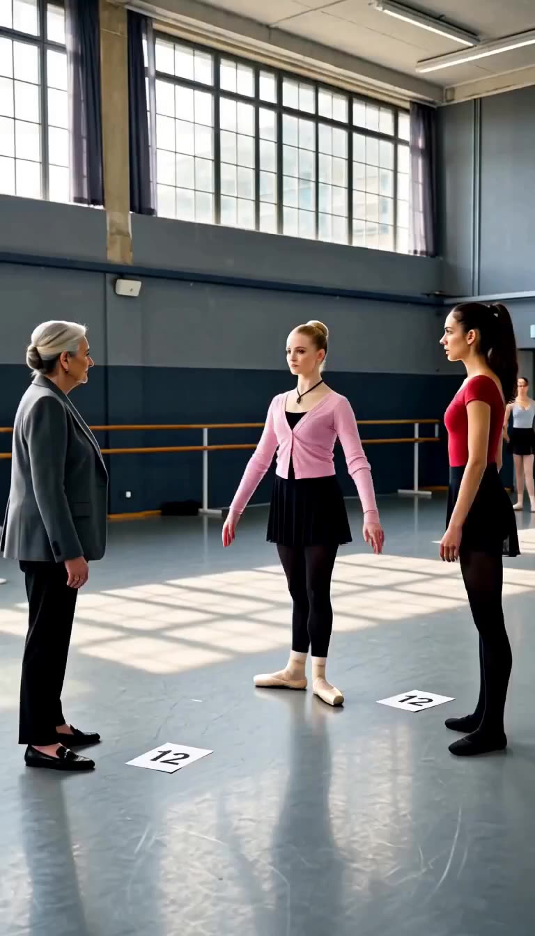 Ballettdirektorin konfrontiert zwei Tänzerinnen vor den ausgelegten Startnummern im Saal