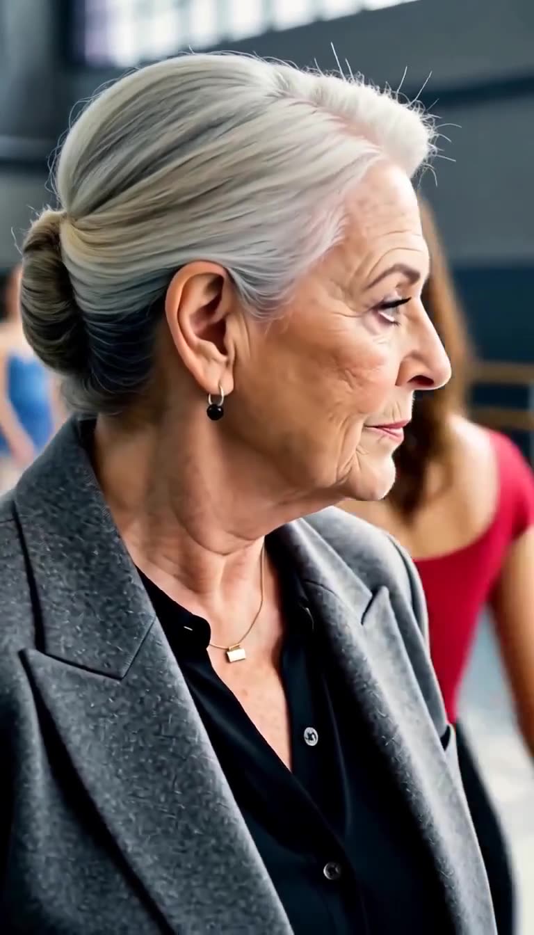 Profil der strengen Ballettdirektorin mit grauem Dutt und wachsamen Augen