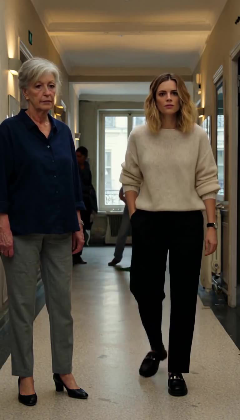 Monique and Camille walk side by side down the corridor amidst mounting morning tension.