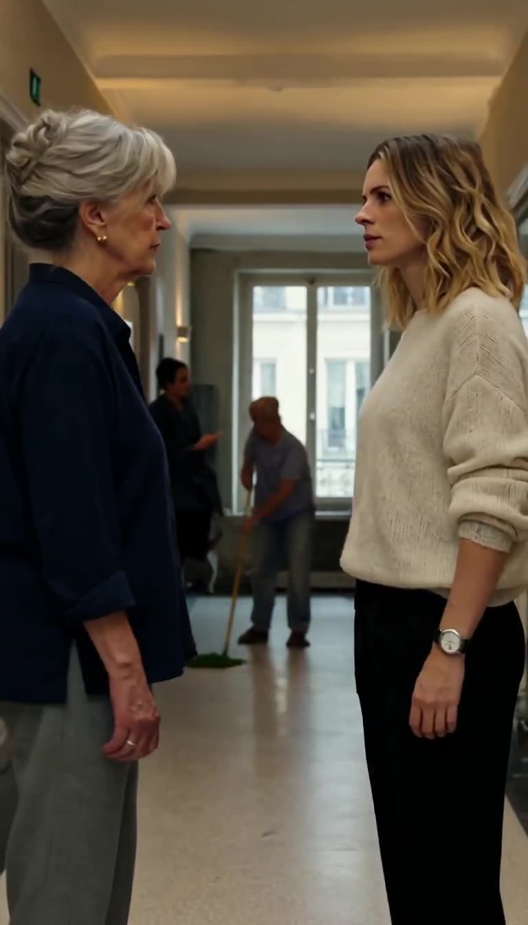 Camille confronts Monique directly in the hallway, exchanging a tense, resolute glare.