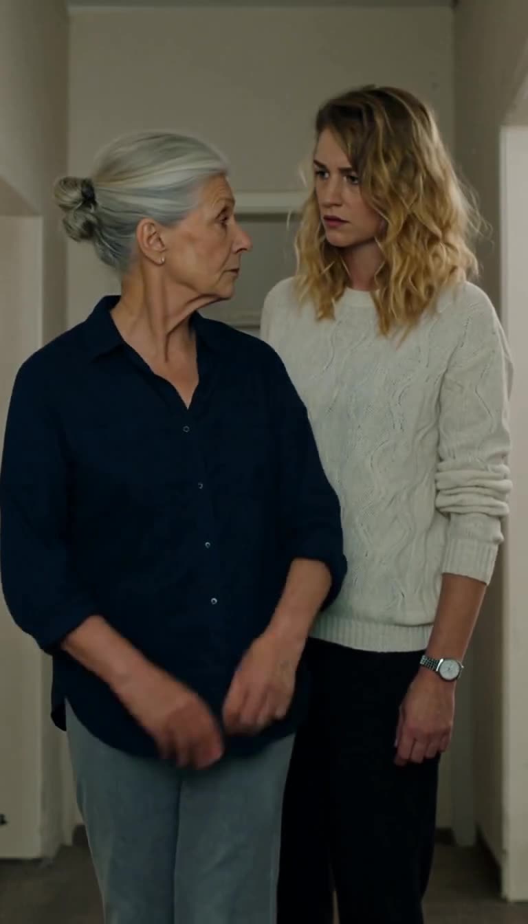 Renate und Laura stehen sich im schmalen Flur in angespannter Haltung gegenüber.