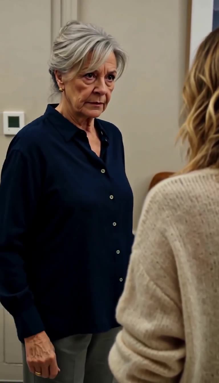 Monique glares down with an icy expression, confronting Camille in the hallway with sharp accusations