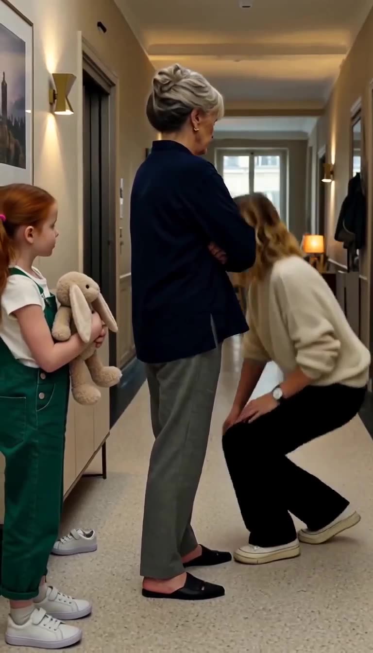 A young girl in green overalls holds a toy bunny while Camille crouches down before Monique.