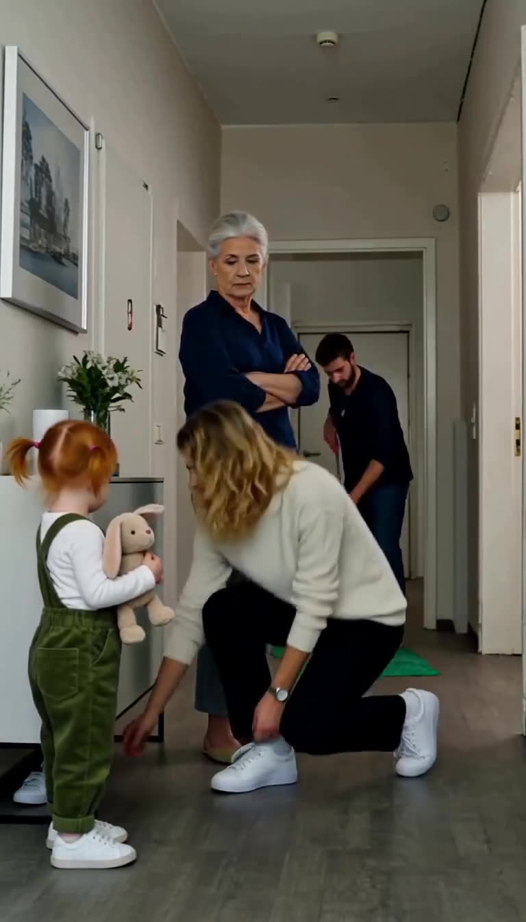 Sophie kniet vor ihrer kleinen Tochter, während Renate mit verschränkten Armen zuschaut