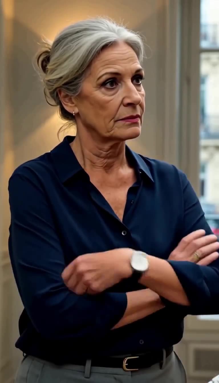 Monique crosses her arms with a cold and defiant expression during the morning dispute.
