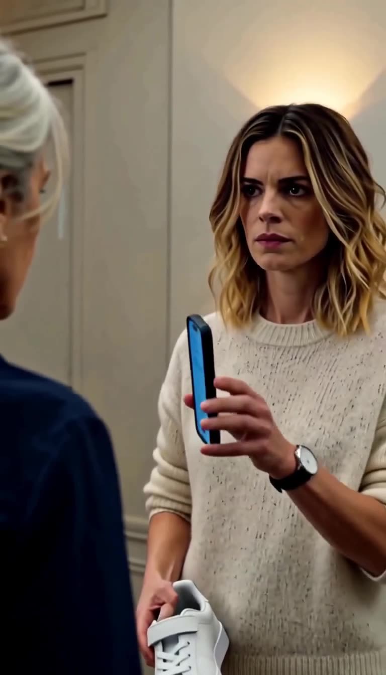 Camille raises her glowing smartphone screen to confront Monique with undeniable recorded evidence.