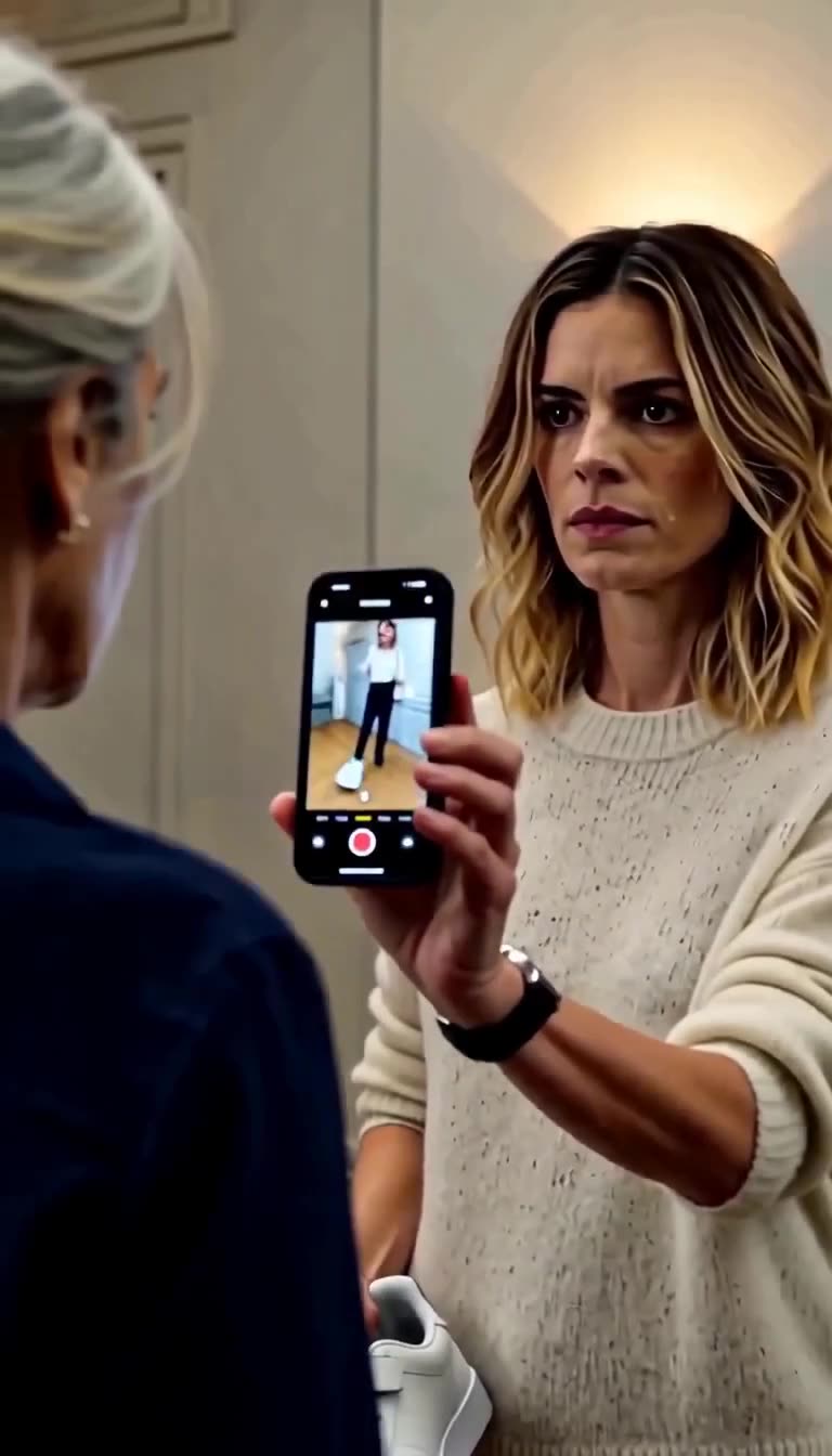 Claire holding up her smartphone showing security footage while confronting Eleanor