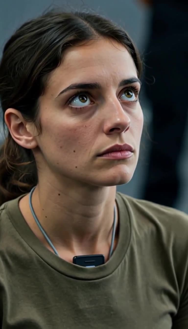 Close-up of Léa looking upward with a firm jaw, revealing a cord around her neck