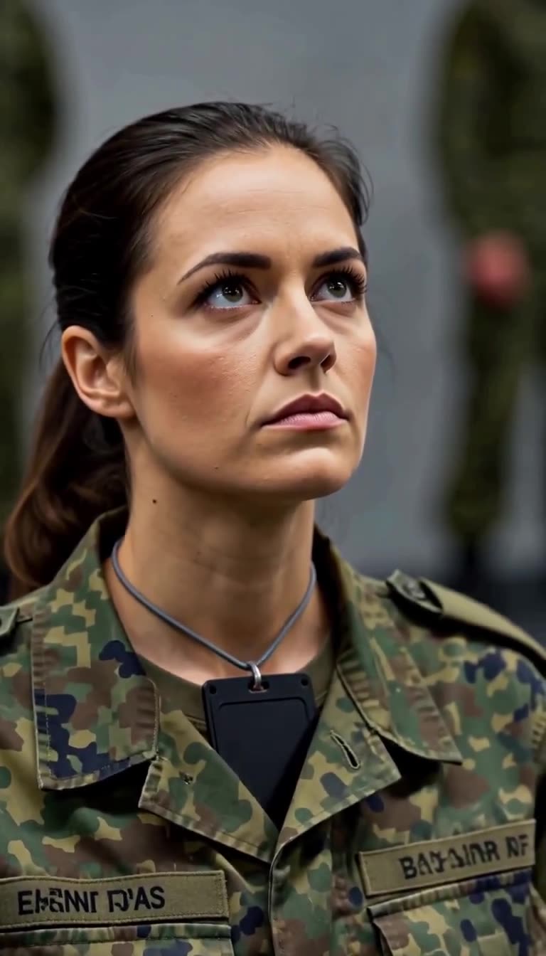Nahaufnahme von Soldatin Lena mit entschlossenem Blick und einer schwarzen Karte an grauer Schnur am Kragen.
