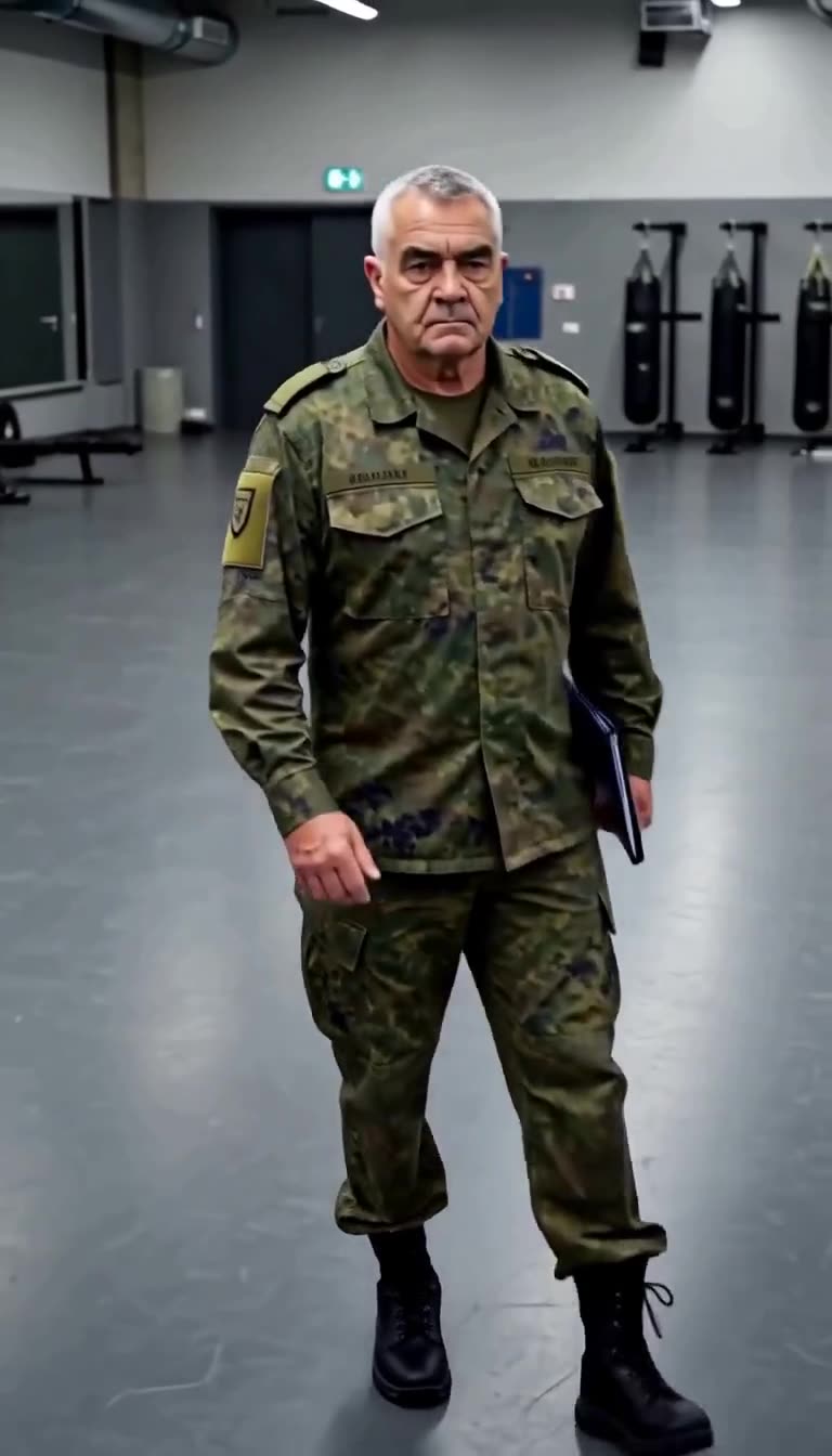 Ausbilder Dieter nähert sich mit strengem Gesichtsausdruck und einer blauen Akte in der Hand.