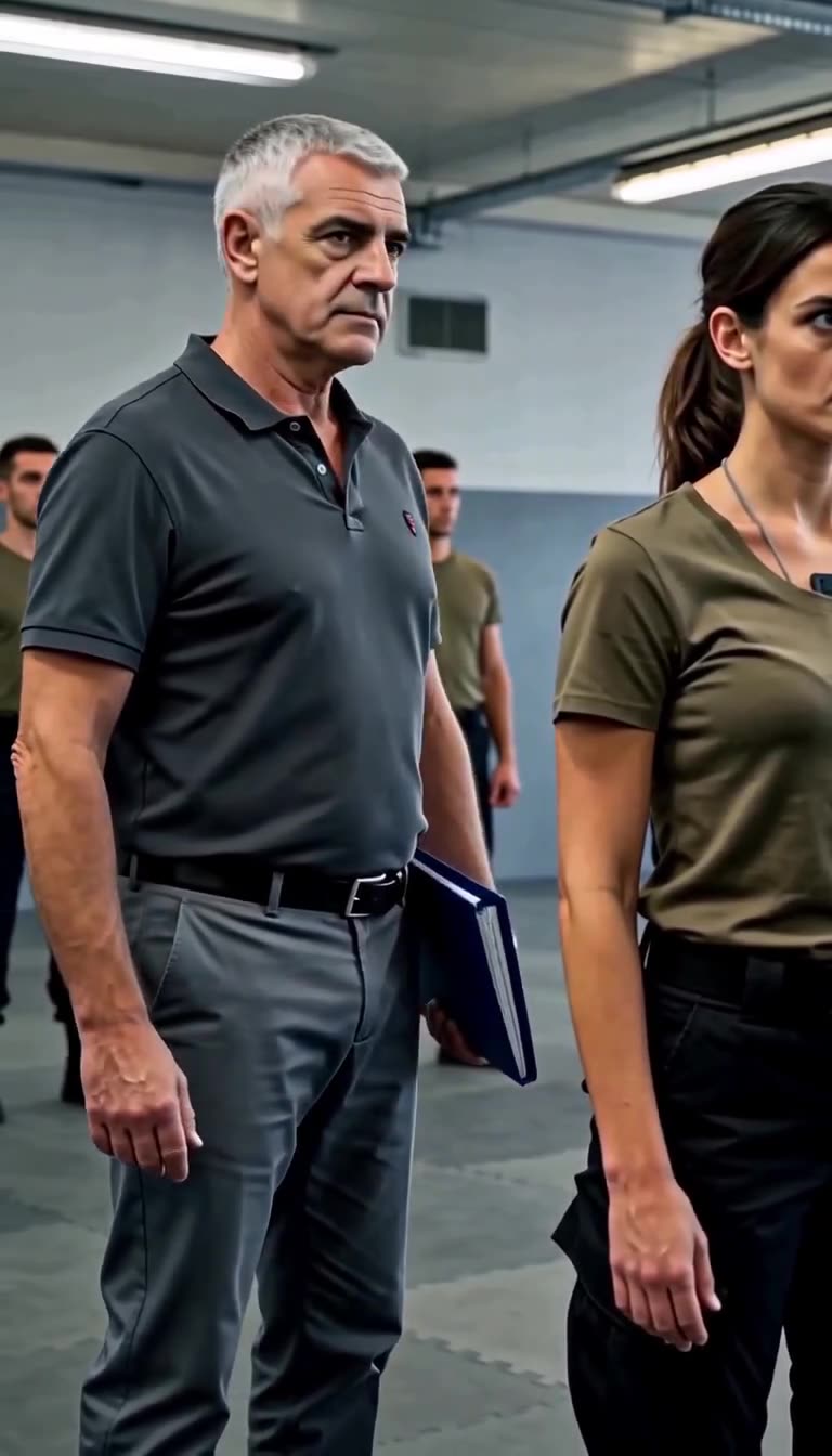 Senior officer Philippe stands rigid with a blue folder, casting a stern disciplinary glare toward the mat.